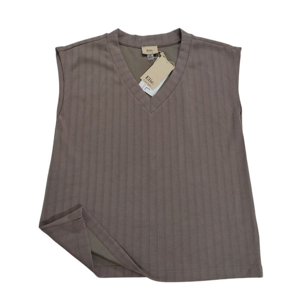 Elie Tahari Womens Sleeveless V-Neck Ribbed Knit Top M Taupe Polyester Blend. - Picture 4 of 6